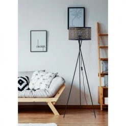 ATHM DESIGN Lampadaires Lampadaire Abat Jour Tissu Noir Et Doré Pieds Métal -Lampadaires || Lustres || Guirlandes et décorations lumineuses Soldes lampadaire abat jour tissu noir et dore pieds metal 1