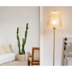 Wadiga Lampadaires Lampadaire Rétro En Métal Doré Et Abat-jour En Verre Embossé -Lampadaires || Lustres || Guirlandes et décorations lumineuses Soldes lampadaire retro en metal dore et abat jour en verre embosse 2