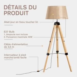 Homcom Lampadaires Lampadaire Trépied En Bois Hauteur Réglable 99-143 Cm Beige -Lampadaires || Lustres || Guirlandes et décorations lumineuses Soldes lampadaire trepied en bois hauteur reglable 99 143 cm beige 5